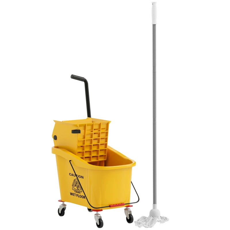 HOMCOM Mop Bucket with Wringer on Wheels for Floor Cleaning, 38 Quart Down Press Wringer with Handle, Yellow