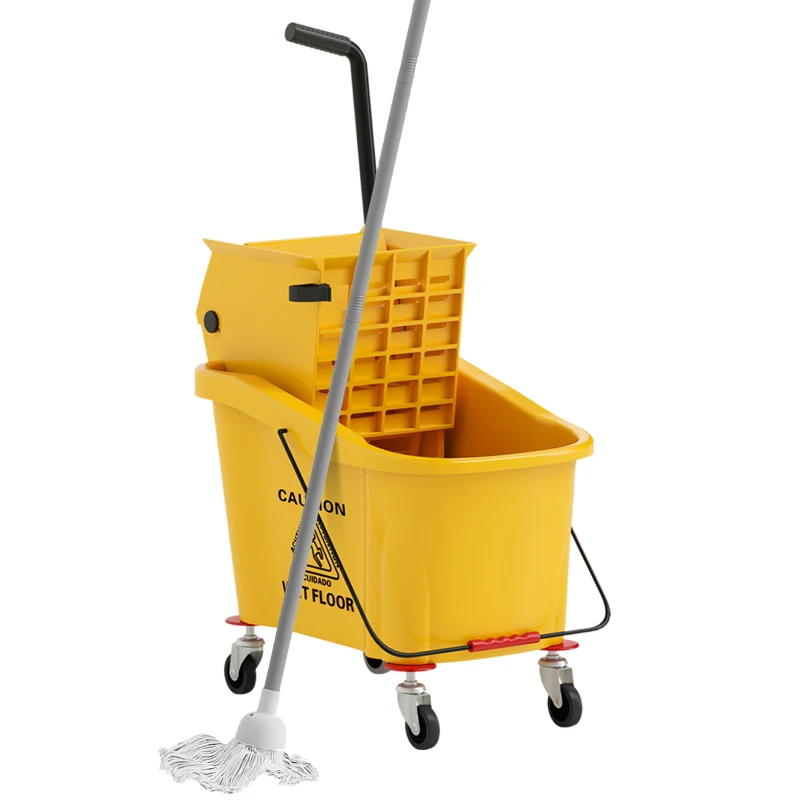 HOMCOM Mop Bucket with Wringer on Wheels for Floor Cleaning, 38 Quart Down Press Wringer with Handle, Yellow