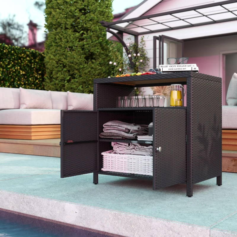 Outsunny Outdoor Storage Cabinet with Acacia Wood Top, Two Doors, Shelf, Wicker Bar Table for Pool Towel Storage, Black