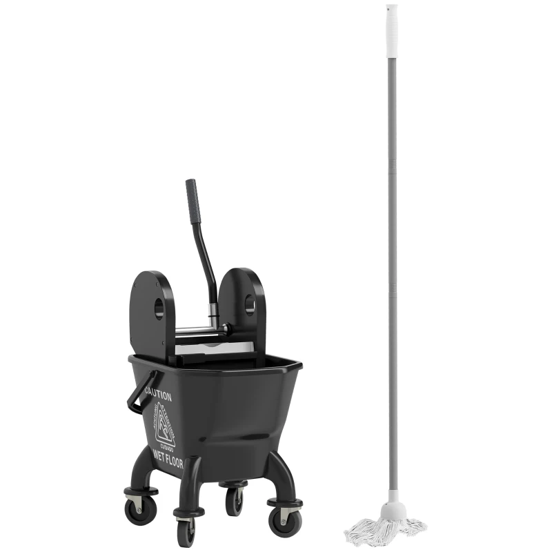 HOMCOM Mop Bucket with Wringer on Wheels for Floor Cleaning, 27.5 Quart Down Press Wringer with Handle and Mop, Black