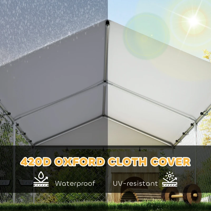 PawHut Outdoor Dog Run w/ Adjustable & Rotating Bowls, Waterproof UV-Resistant Cover, Secure Lock, 13.1' x 7.5' x 5.2'