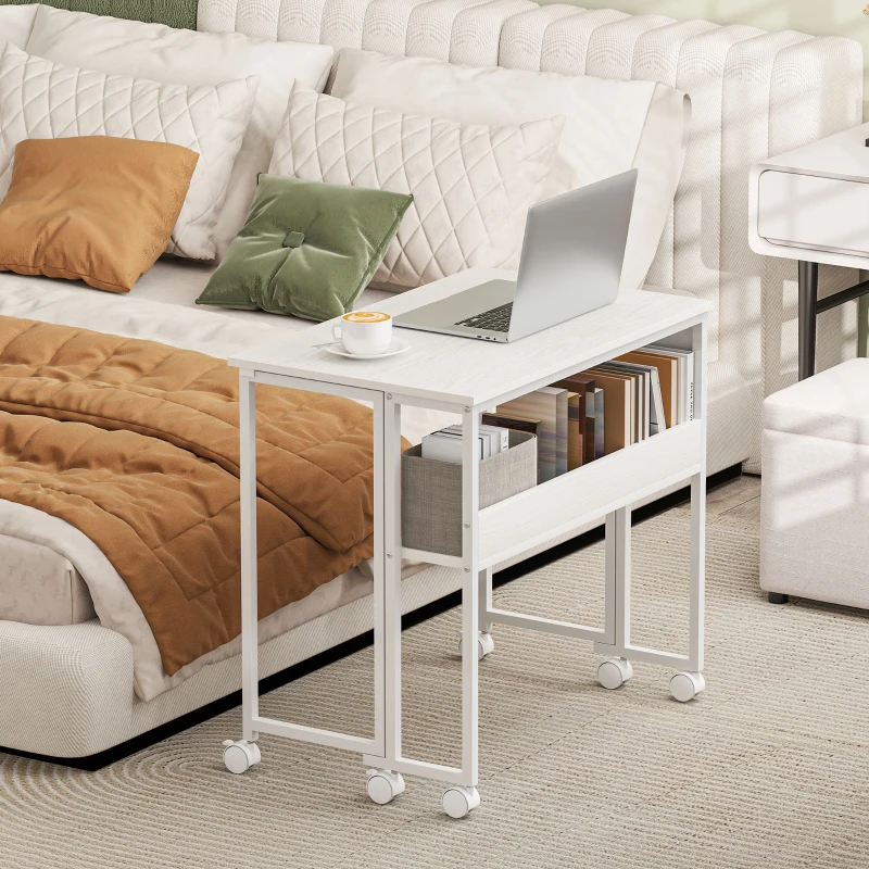 HOMCOM Folding Computer Desk, Foldable Desk with Storage Bag, Shelf and Wheels for Small Spaces, Home Office, White