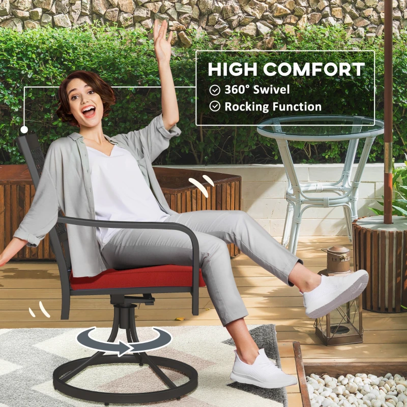 Outsunny Patio Swivel Chairs with Cushion, Outdoor Swivel Rocker with Curved Armrests, Red