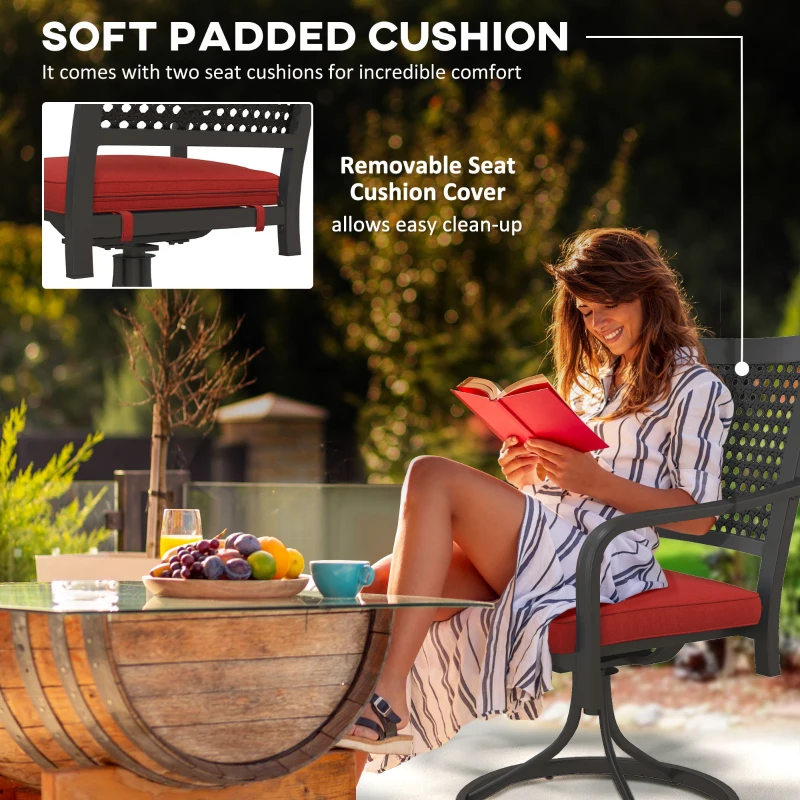 Outsunny Patio Swivel Chairs with Cushion, Outdoor Swivel Rocker with Curved Armrests, Red