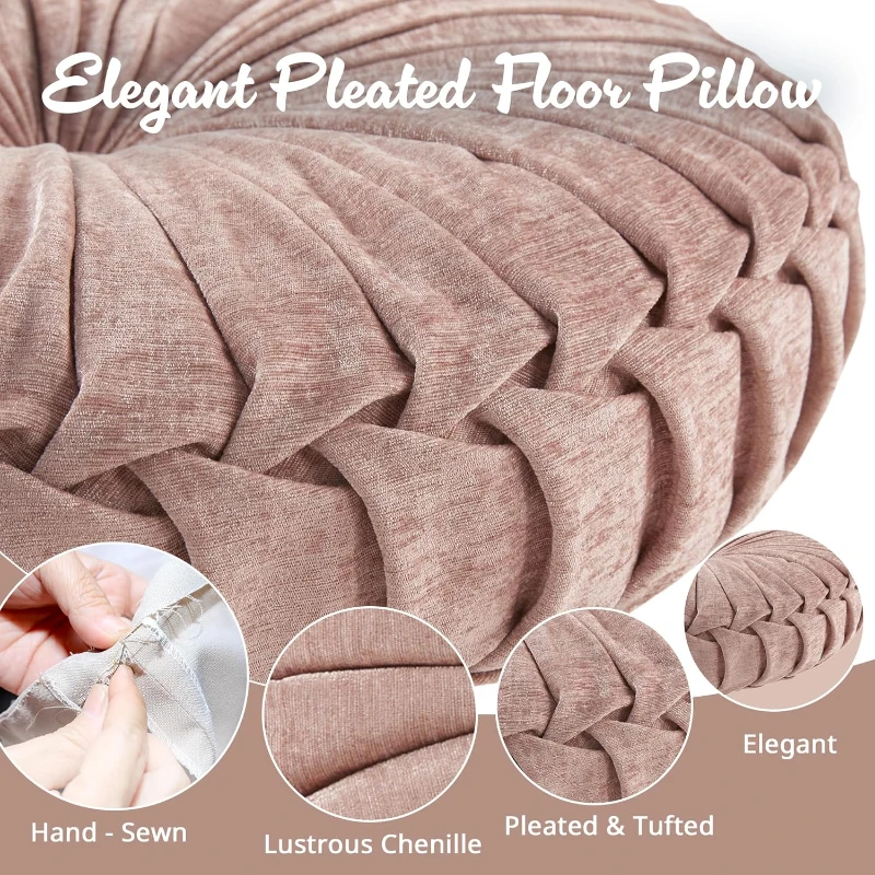 Poly Chenille Round Floor Pillow Cushion with Textured Fabric, Tufted Button Center, Pleated Detailing, 22" L x 22" W x 6" H, Blush