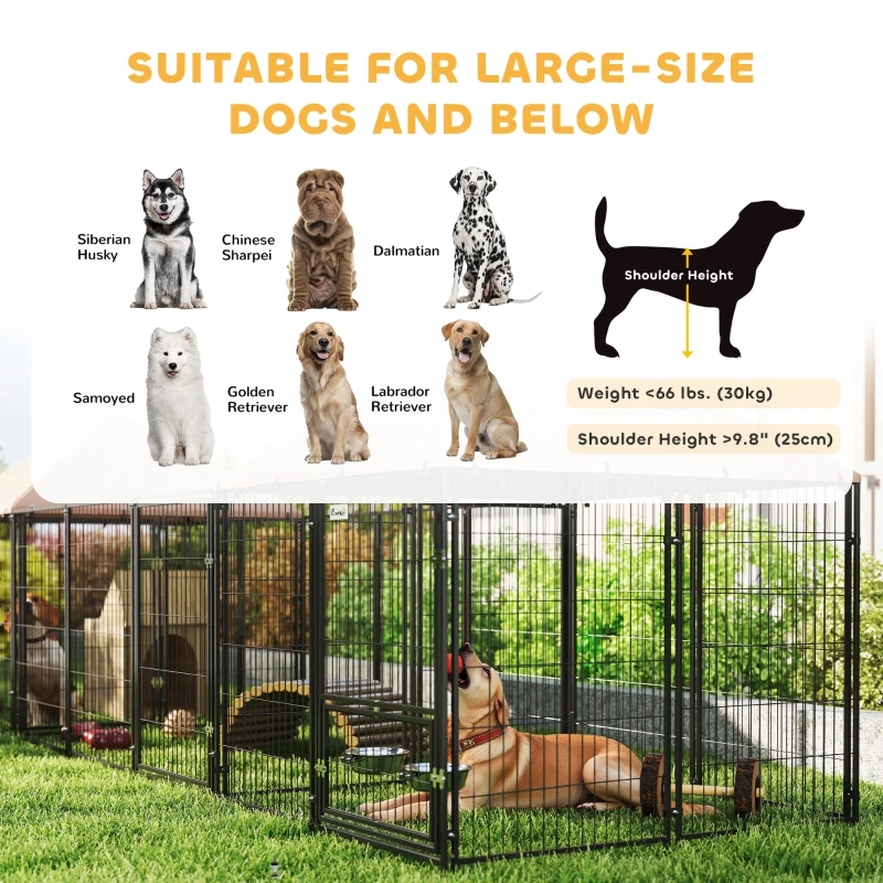 PawHut Outdoor Dog Kennel with 2 Rooms, Rotating & Adjustable Height Bowls, Waterproof UV-Resistant Cover, 16.2' x 4.7' x 5.1'