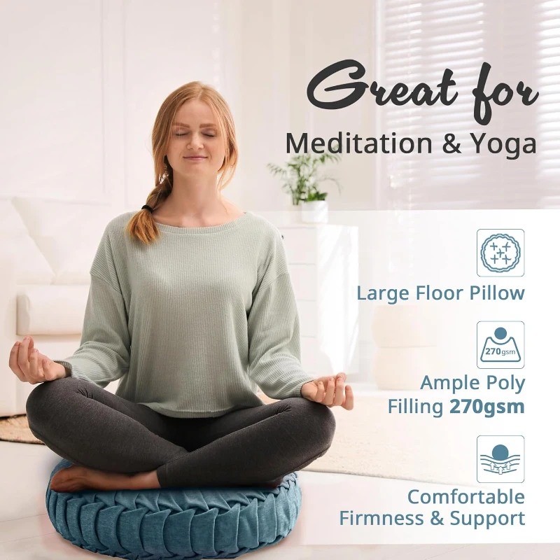 Stylish Poly Chenille Round Floor Pillow Cushion with Textured Fabric, Tufted Button Center, Pleated Detailing, 22" L x 22" W x 6" H, Aqua