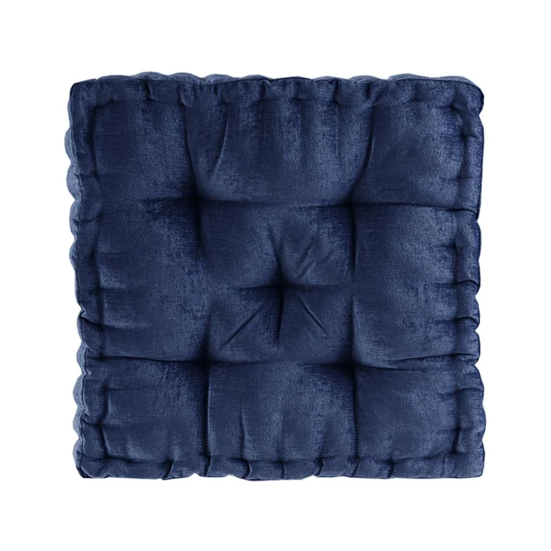 Textured Chenille Square Floor Pillow Cushion with Tufted Detailing, Scalloped Edge, Hypoallergenic 100% Polyester, 20" L x 20" W x 5" H", Navy