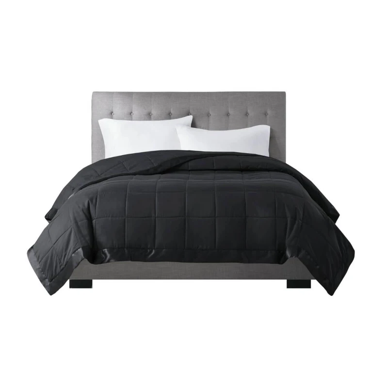 Twin Size Lightweight Down Alternative Blanket with Satin Trim, 3M Scotchgard Treatment, Machine Washable, 90" L x 68" W x 0.25" H, Black