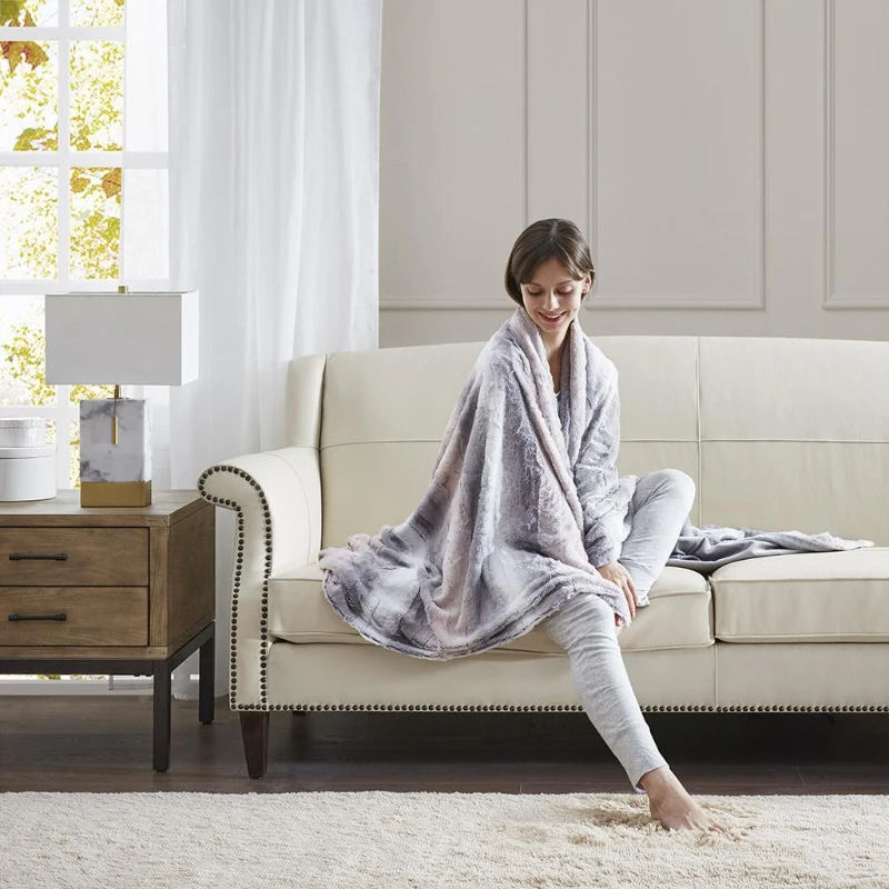 Machine Washable Oversized Faux Fur Throw with OEKO-TEX Certified, Luxurious Blanket with Faux Mink Reverse, 70" L x 60" W x 0.25" H, Gray