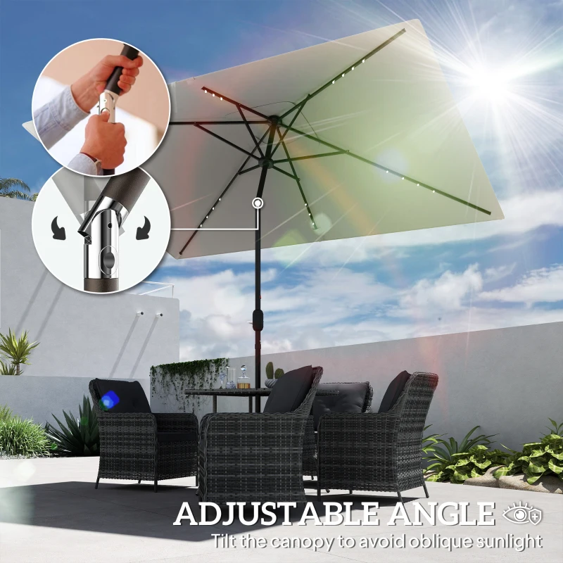 Outsunny Patio Umbrella with 22 LED Solar Lights and Tilt, Light Grey