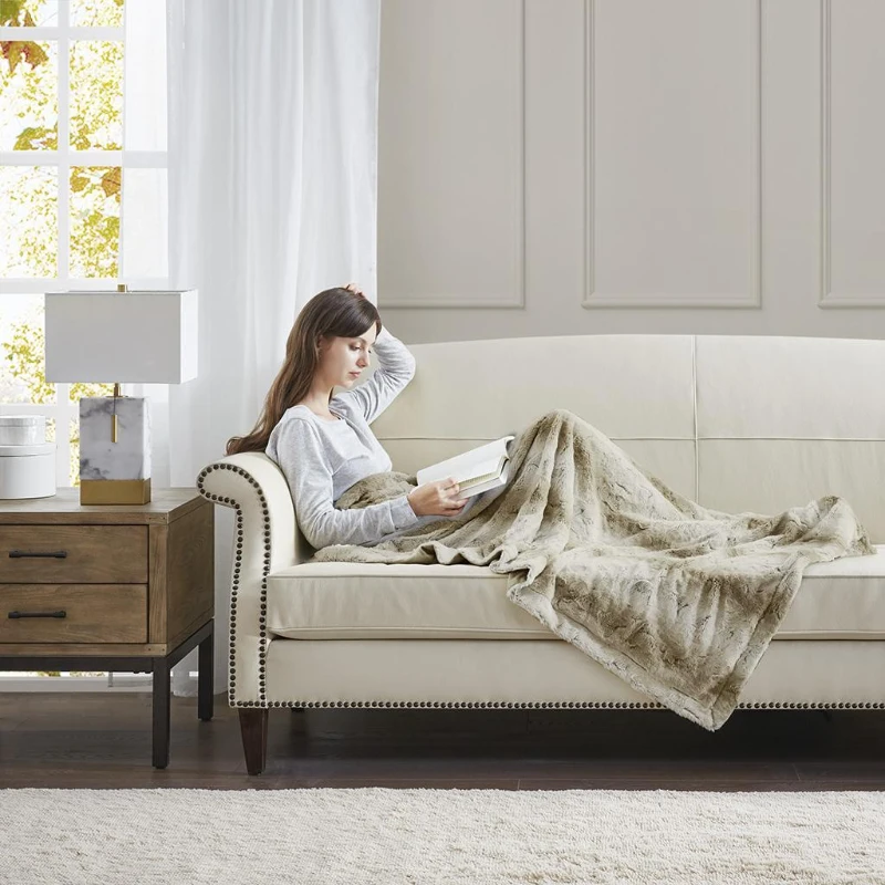 Luxuriously Soft Oversized Faux Fur Throw Blanket with Faux Mink Reverse, Machine Washable, OEKO-TEX Certified, 70" L x 60" W x 0.25" H, Sand