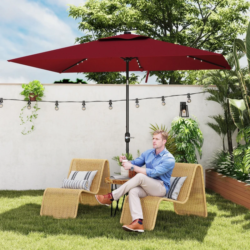 Outsunny 6' x 10' Patio Umbrella with 22 LED Solar Lights and Tilt, Rectangular Outdoor Table Umbrella with Crank, Wine Red