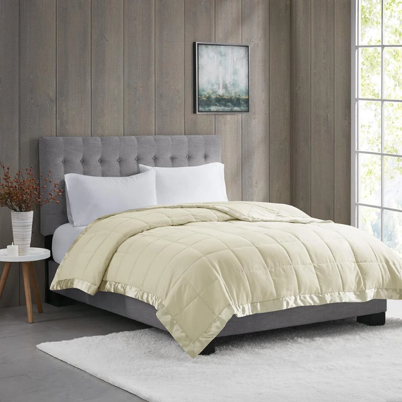 Hypoallergenic Lightweight Down Alternative Blanket with Satin Trim, 3M Scotchgard Treatment, Machine Washable, 90" L x 90" W x 0.25" H, Cream