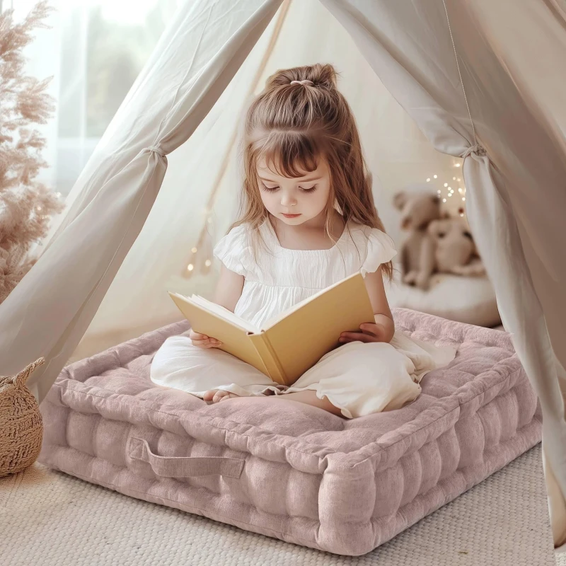 Textured Poly Chenille Square Floor Pillow Cushion with Hypoallergenic Polyester, Tufted Detailing, Scalloped Edge, 24" L x 24" W x 5" H, Blush