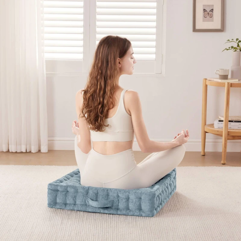 Hypoallergenic Poly Chenille Square Floor Pillow Cushion with Textured Fabric, Tufted Detailing, Scalloped Edge, 24" L x 24" W x 5" H, Aqua