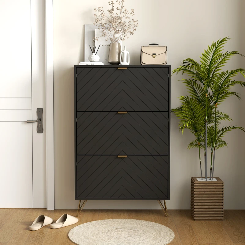 HOMCOM Modern Shoe Storage Cabinet with 3 Flip Drawers for 18 Pairs, Narrow Shoe Organizer for Entryway, Hallway, Black