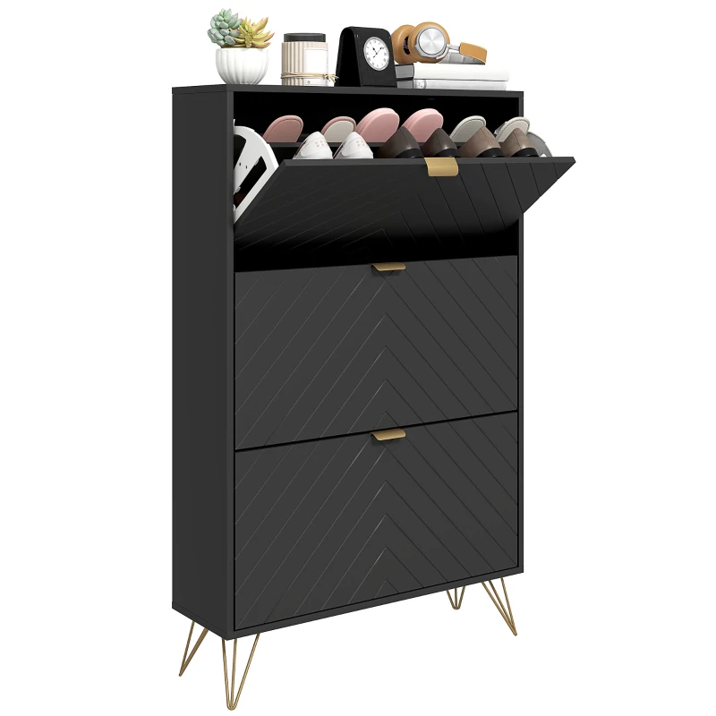 HOMCOM Modern Shoe Storage Cabinet with 3 Flip Drawers for 18 Pairs, Narrow Shoe Organizer for Entryway, Hallway, Black