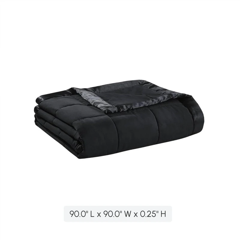 Full/Queen Size Lightweight Down Alternative Blanket with Satin Trim, Hypoallergenic Polyester, Machine Washable, 90" L x 90" W x 0.25" H, Black