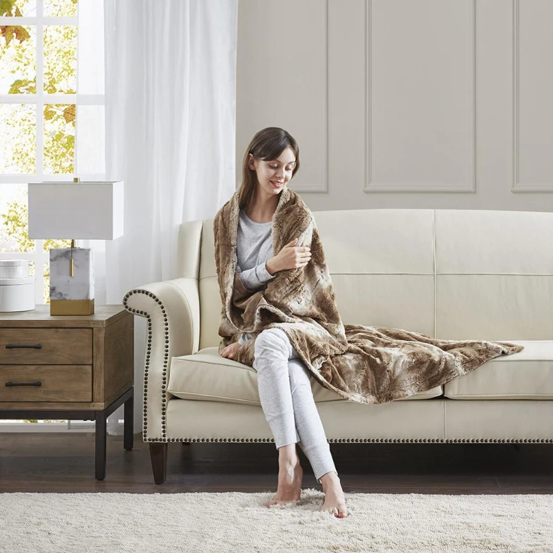 Oversized Faux Fur Throw with Faux Mink Reverse, OEKO-TEX Certified, Luxurious Machine Washable Blanket, 70" L x 60" W x 0.25" H, Tan