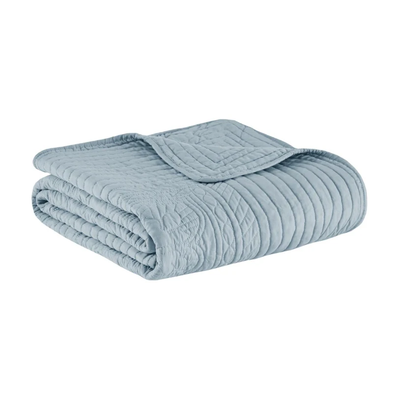 Antimicrobial Oversized Quilted Throw with Scalloped Edges, Microfiber and Cotton Blend, Machine Washable, 72" L x 60" W x 0.25" H, Blue