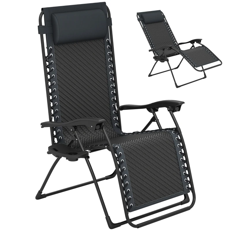 Outsunny Wicker Folding Lounge Chair with Adjustable Backrest, Rattan Recliner Chair with Headrest & Side Table Tray, Black