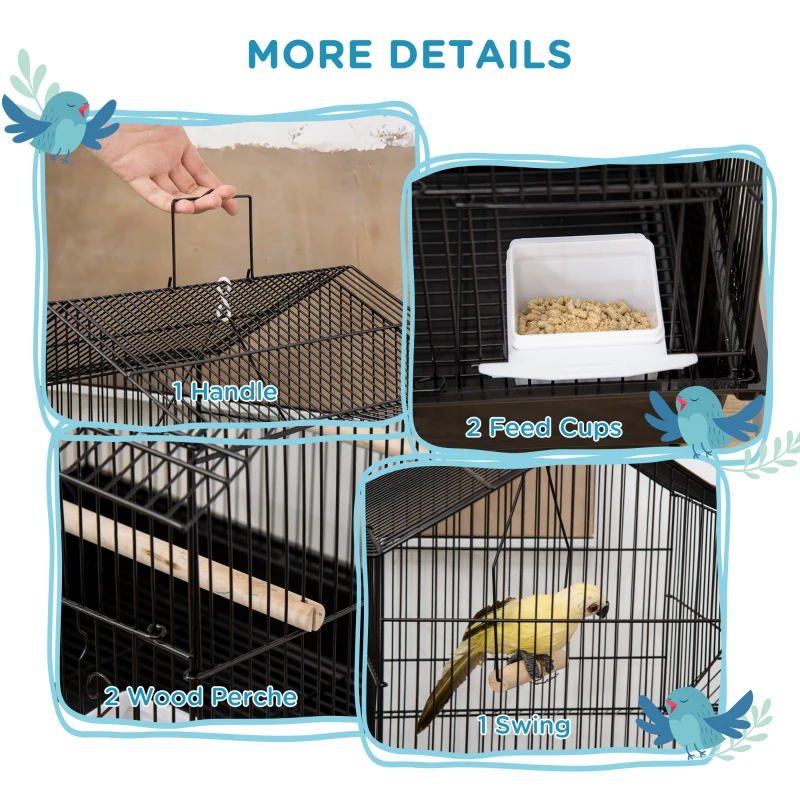 PawHut 25" Bird Cage with Perch, Swing, Food Container, Slide-out Tray, Handle, Parrot Cage for Finches, Canaries, Budgies
