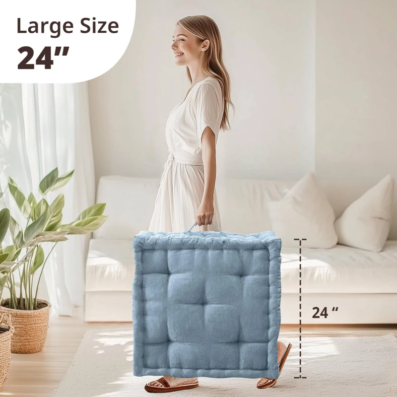 Hypoallergenic Poly Chenille Square Floor Pillow Cushion with Textured Fabric, Tufted Detailing, Scalloped Edge, 24" L x 24" W x 5" H, Aqua