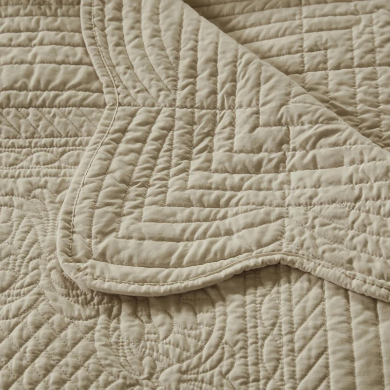 Oversized Quilted Throw with Scalloped Edges, Microfiber Face, Cotton Filled Blanket for Living Room, Bedroom, 72" L x 60" W x 0.25" H, Khaki