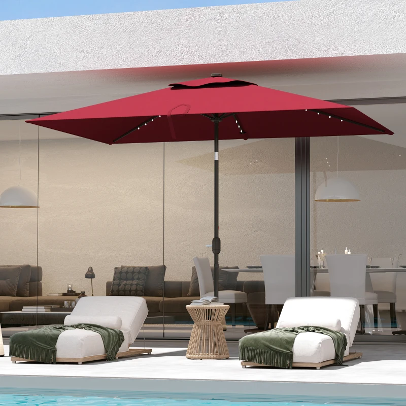 Outsunny 6' x 10' Patio Umbrella with 22 LED Solar Lights and Tilt, Rectangular Outdoor Table Umbrella with Crank, Wine Red