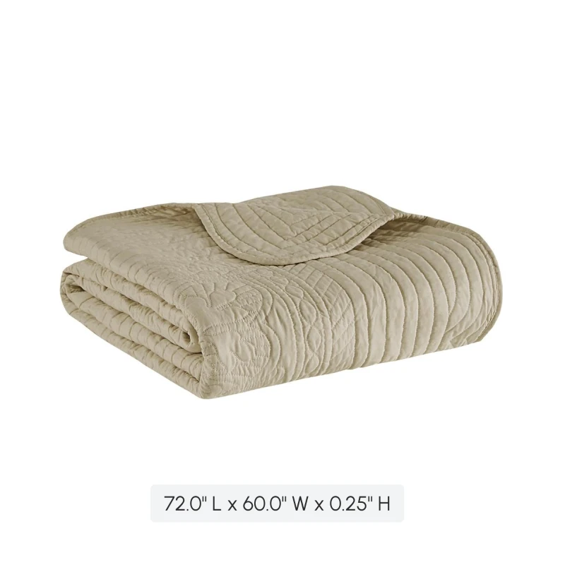 Oversized Quilted Throw with Scalloped Edges, Microfiber Face, Cotton Filled Blanket for Living Room, Bedroom, 72" L x 60" W x 0.25" H, Khaki