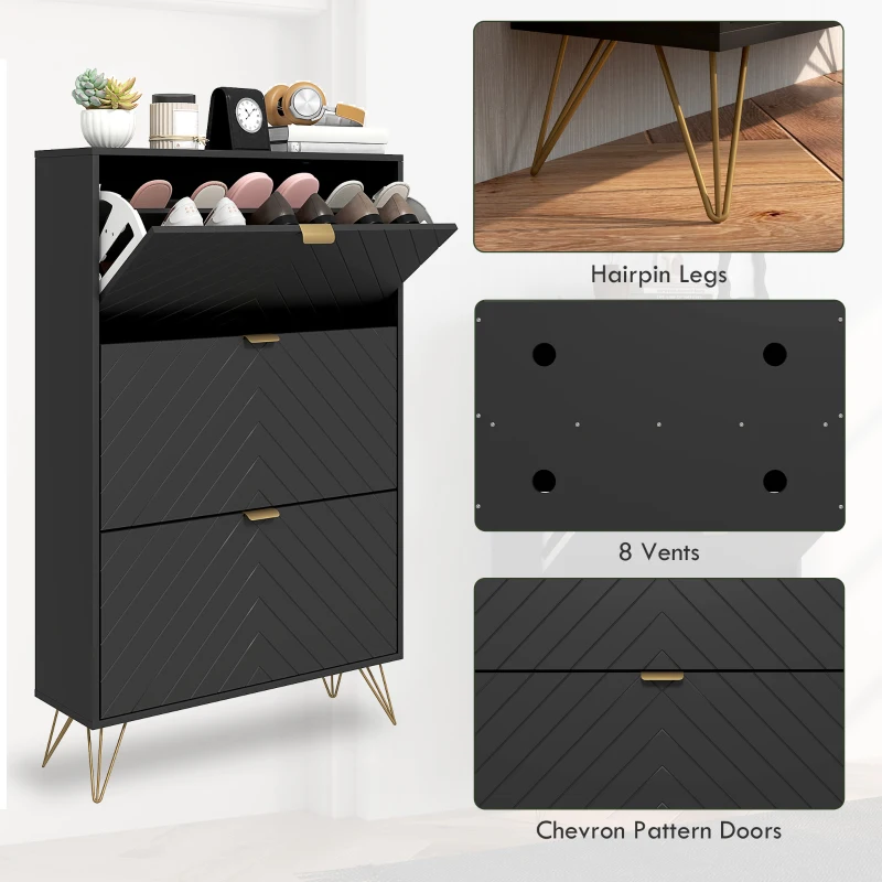 HOMCOM Modern Shoe Storage Cabinet with 3 Flip Drawers for 18 Pairs, Narrow Shoe Organizer for Entryway, Hallway, Black