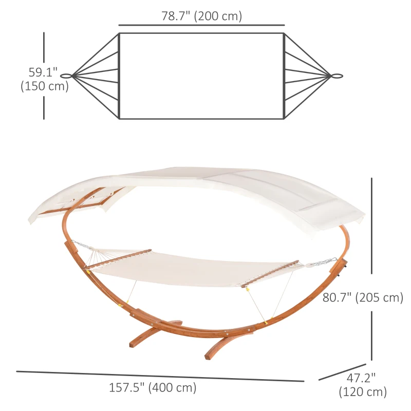 Outsunny 2 Person Wood Swing Arc Hammock Bed and Stand Set with Canopy, White/Teak