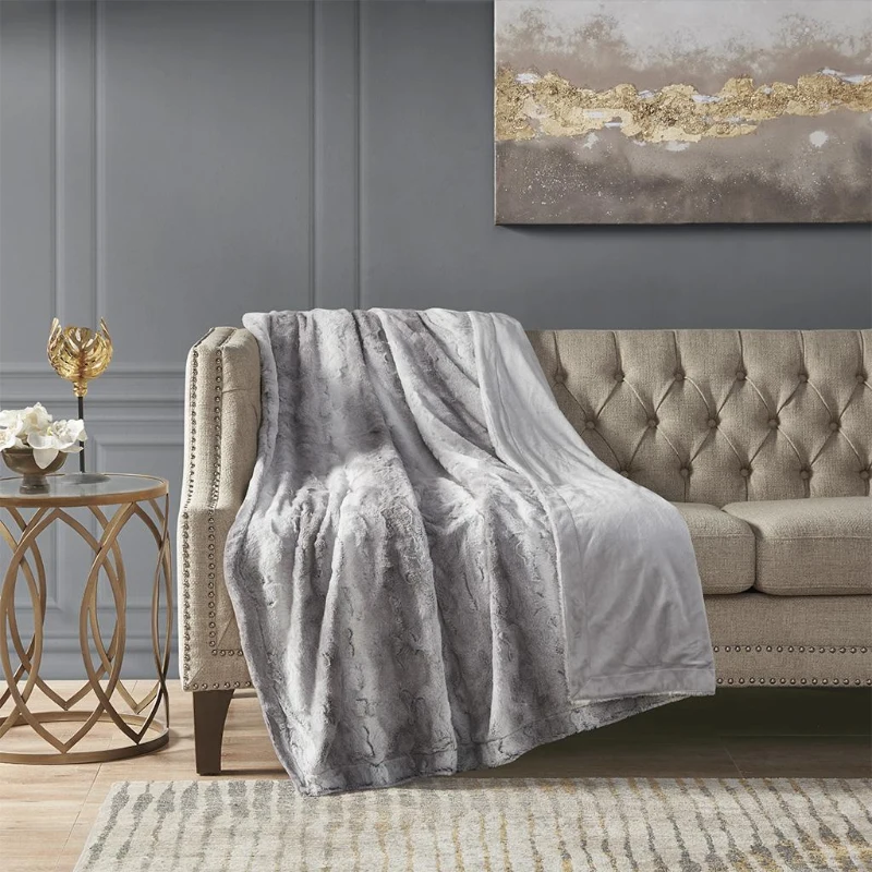 Luxurious Oversized Faux Fur Throw Blanket with Faux Mink Reverse, Machine Washable, OEKO-TEX Certified, 70" L x 60" W x 0.25" H, Gray