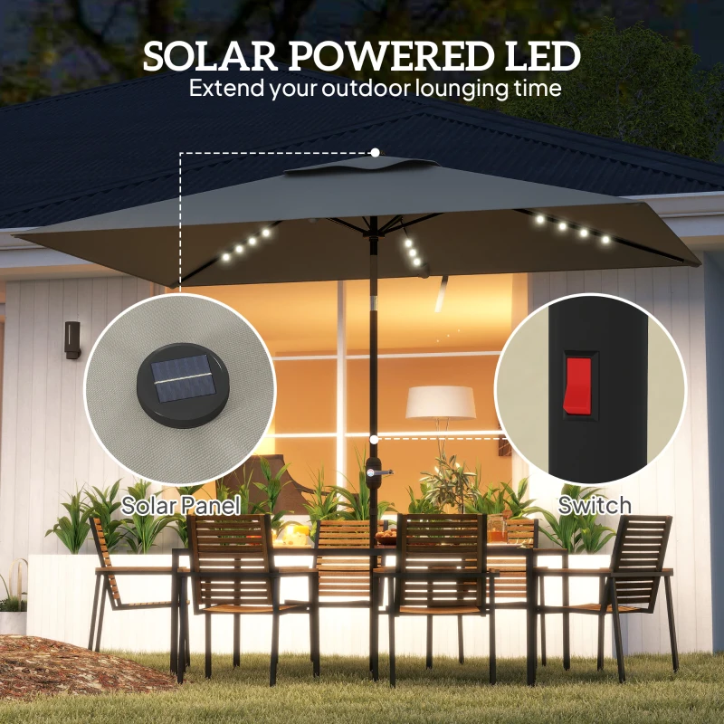 Outsunny Patio Umbrella with 22 LED Solar Lights and Tilt, Light Grey