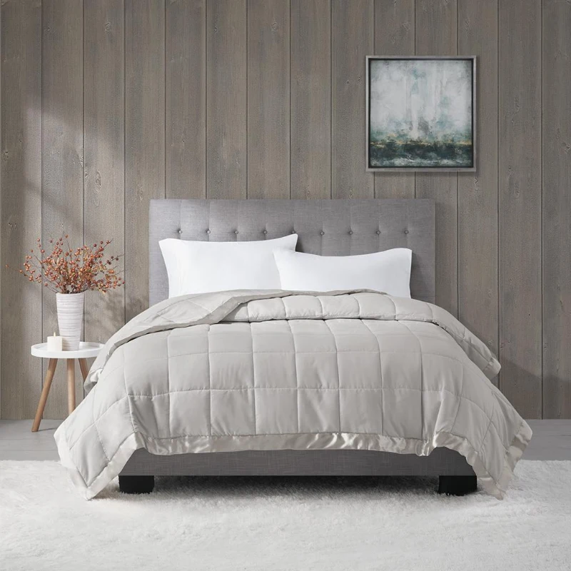 Machine Washable Down Alternative Blanket with Satin Trim, Hypoallergenic Polyester, Perfect for Summer, Spring, 90" L x 90" W x 0.25" H, Gray