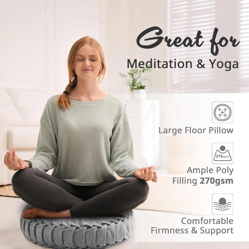 Poly Chenille Round Floor Pillow Cushion with Textured Fabric, Tufted Button Center, Pleated Detailing, 22" L x 22" W x 6" H, Gray