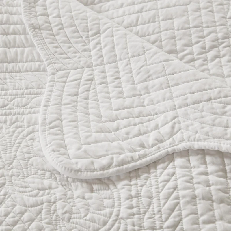 Oversized Quilted Throw with Scalloped Edges, Microfiber Face, Cotton Filled Blanket for Living Room, Bedroom, 72" L x 60" W x 0.25" H, White
