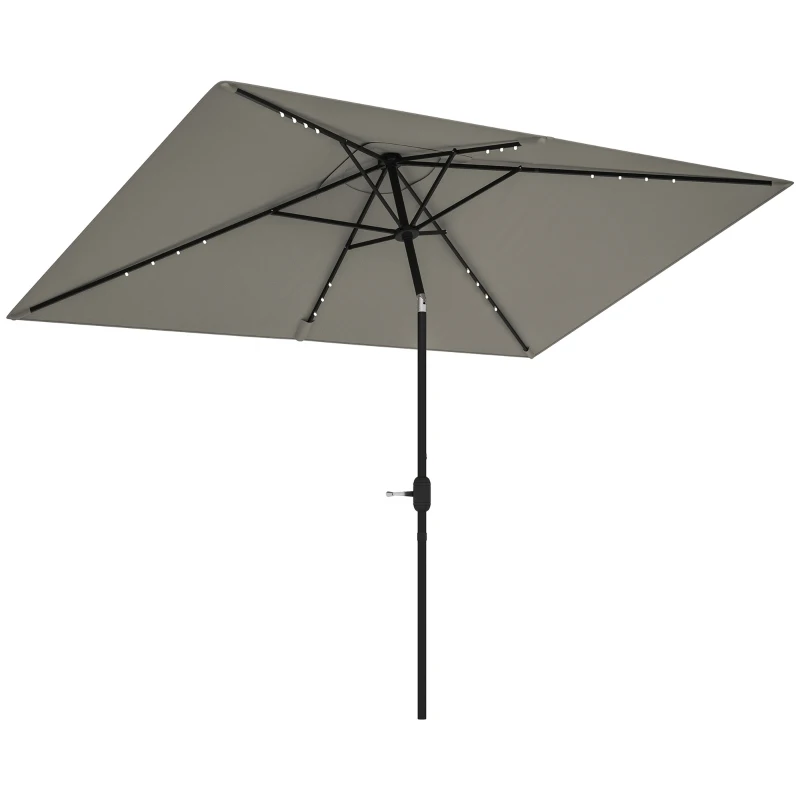 Outsunny Patio Umbrella with 22 LED Solar Lights and Tilt, Light Grey