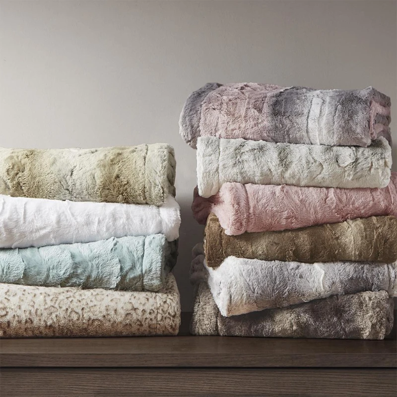 Oversized Faux Fur Throw with Faux Mink Reverse, OEKO-TEX Certified, Luxurious Machine Washable Blanket, 70" L x 60" W x 0.25" H, Tan