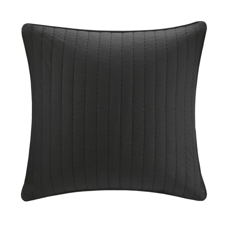 100% Cotton Quilted Euro Sham with Embroidery, Hidden Zipper, Farmhouse Machine Washable Pillowcase, 26" L x 26" W x 0.25" H, Black