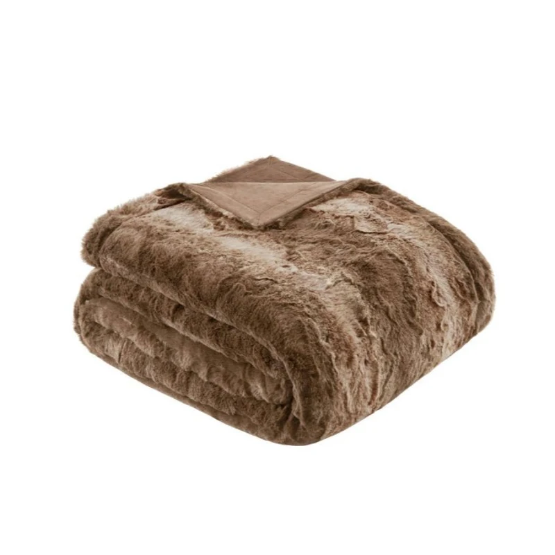 Oversized Faux Fur Throw with Faux Mink Reverse, OEKO-TEX Certified, Luxurious Machine Washable Blanket, 70" L x 60" W x 0.25" H, Tan