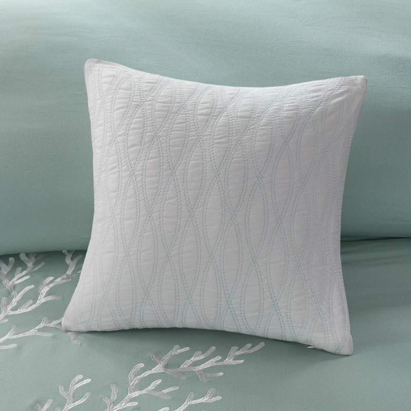 Coastal Inspired Square Pillow with Conch Shell Embroidery, 100% Cotton Jacquard, Hypoallergenic Polyester Filling, 16" L x 16" W x 5" H, Multicolor