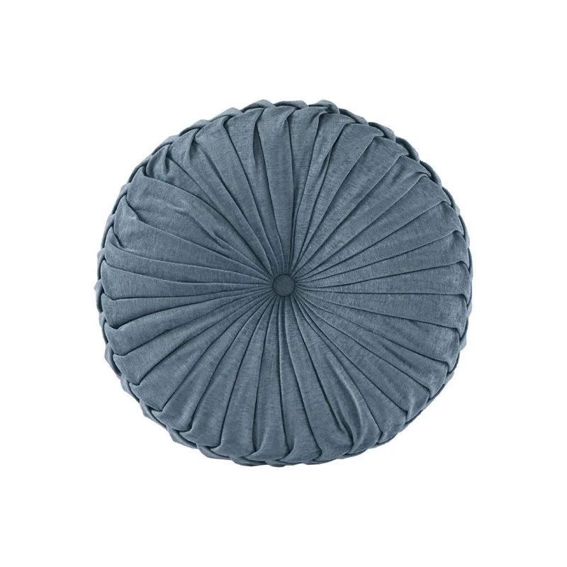 Stylish Poly Chenille Round Floor Pillow Cushion with Textured Fabric, Tufted Button Center, Pleated Detailing, 22" L x 22" W x 6" H, Aqua
