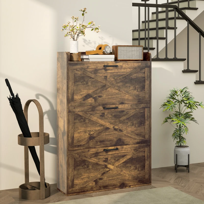 HOMCOM Narrow Shoe Storage Cabinet Farmhouse Shoe Cabinet with 3 Flip Drawers Adjustable Shelves for Entryway Rustic Brown