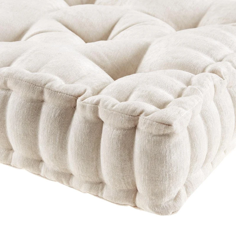 Textured Chenille Square Floor Pillow Cushion with Tufted Detailing, 100% Hypoallergenic Polyester, Scalloped Edge, 20" L x 20" W x 5" H, Ivory
