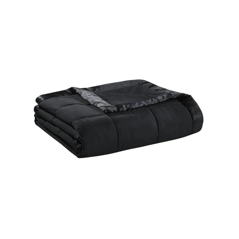 Full/Queen Size Lightweight Down Alternative Blanket with Satin Trim, Hypoallergenic Polyester, Machine Washable, 90" L x 90" W x 0.25" H, Black
