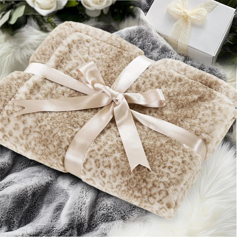 Oversized Faux Fur Throw with Faux Mink Reverse, OEKO-TEX Certified, Stylish Machine Washable Blanket, 70" L x 60" W x 0.25" H, Leopard