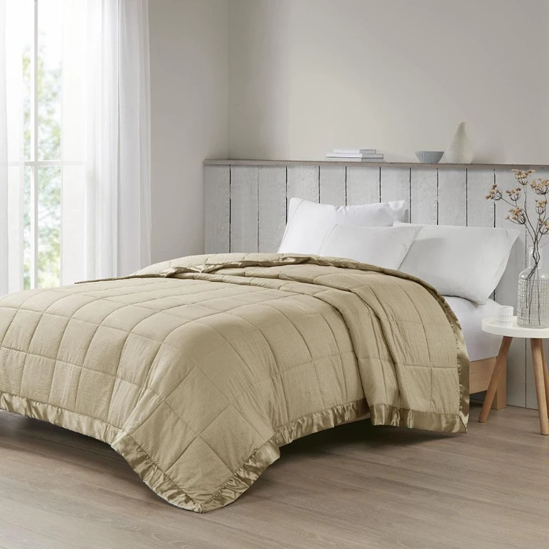 Oversized Hypoallergenic Down Alternative Blanket with Satin Trim, Moisture-Wicking, Machine Washable, 96" L x 90" W x 0.25" H, Taupe