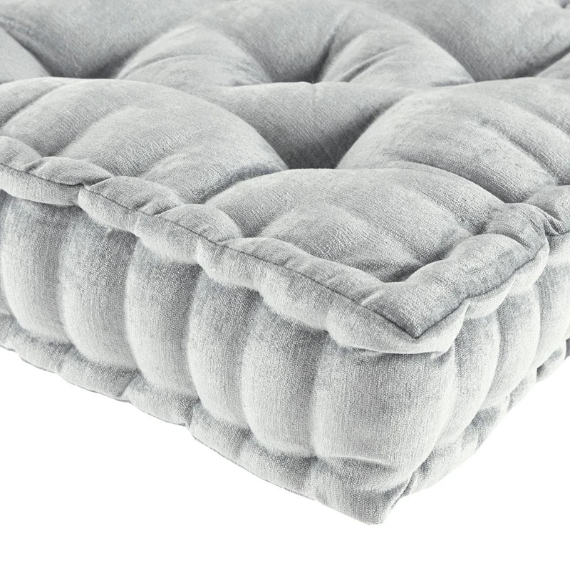 Poly Chenille Square Floor Pillow Cushion with Tufted Detailing, Scalloped Edge, Hypoallergenic 100% Polyester, 20" L x 20" W x 5" H, Gray